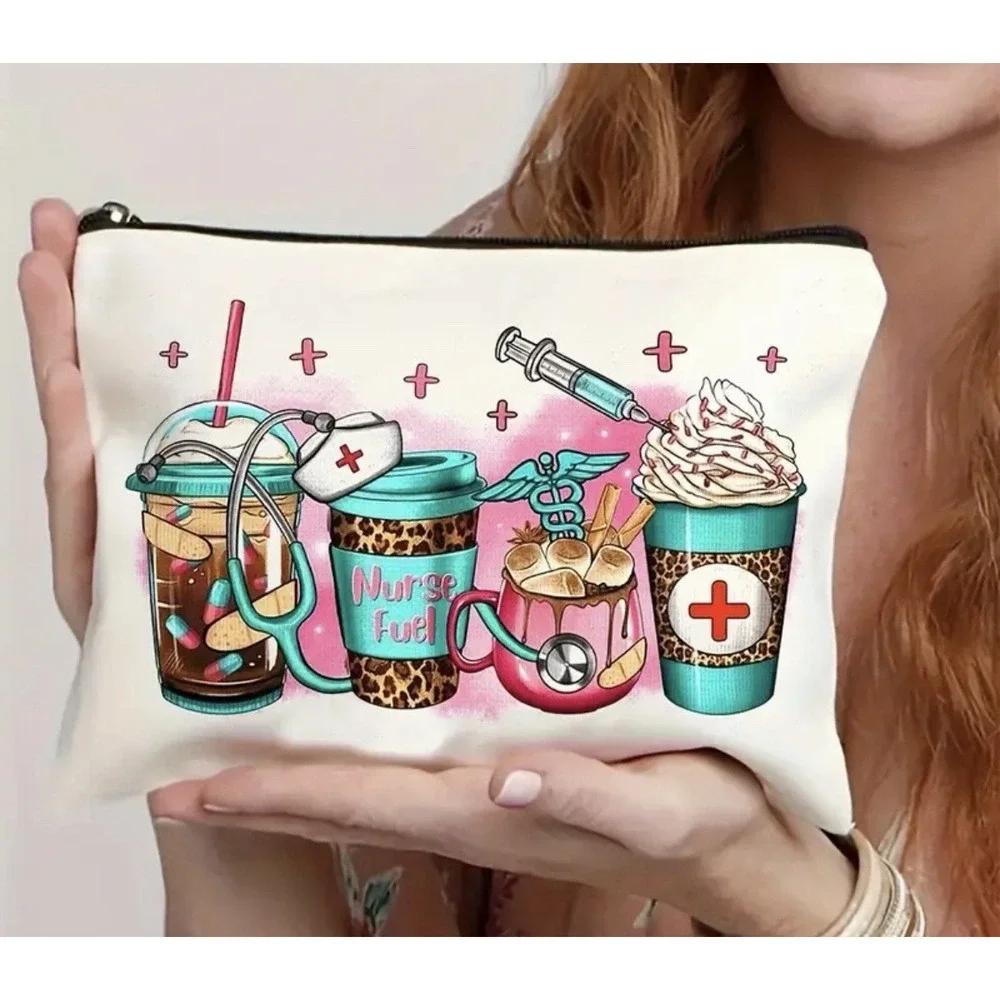Nurse Inspired Design Accessory Bag with Stethoscope & Coffee Zip Closure